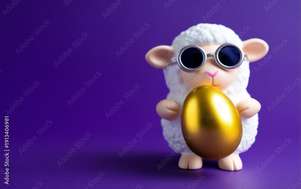 Fototapeta premium Cute Lamb Figurine Wearing Sunglasses Holding Golden Egg on Purple Background