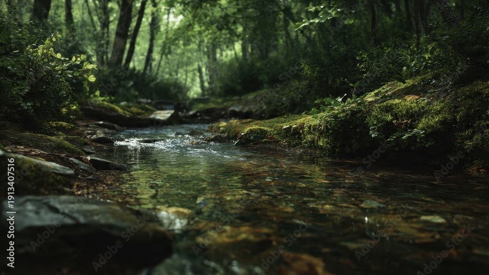 Obraz premium Forest stream flowing through lush greenery