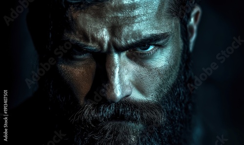 Intense close-up portrait of a bearded man with a stern, determined expression and dramatic lighting