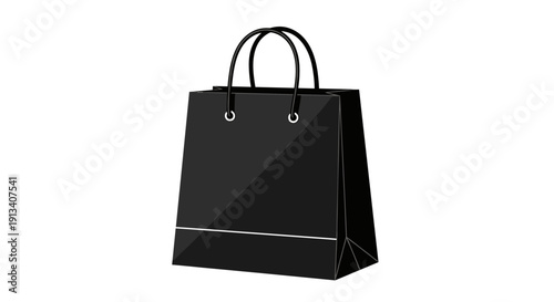 A sleek, black paper shopping bag with matching handles and a white accent stripe stands upright on a white background.