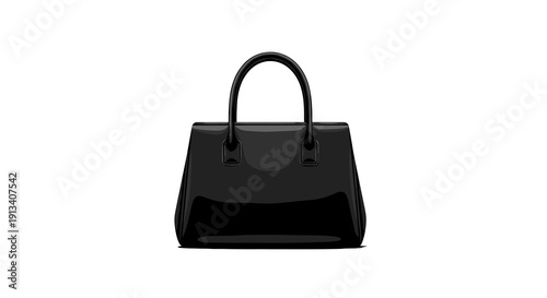 A structured, shiny black leather handbag with short handles sits prominently on a clean white background.