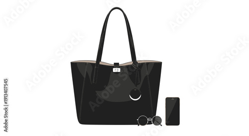 A large black tote bag with sunglasses and a smartphone rests casually on a plain white background.
