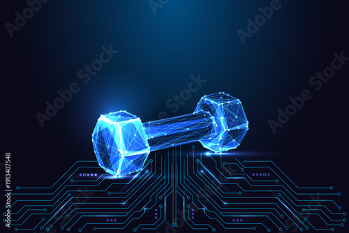 AI Fitness and Digital Health Concept with Glowing Dumbbell on Circuit Board, Vector Illustration