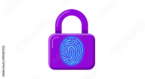 A modern, shiny purple padlock featuring a bright blue fingerprint scan symbol stands securely on a white background.