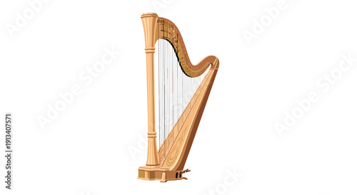 A light brown wooden harp with numerous strings and pedals stands upright on a white background.