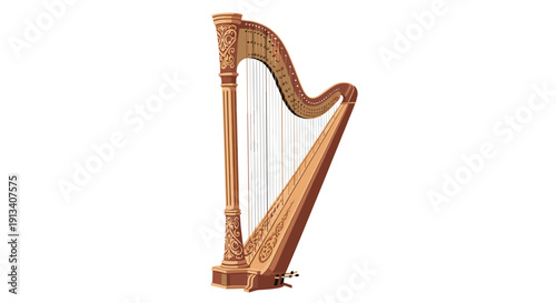 An ornate dark brown wooden harp with detailed carvings and strings stands gracefully on a clean white background.