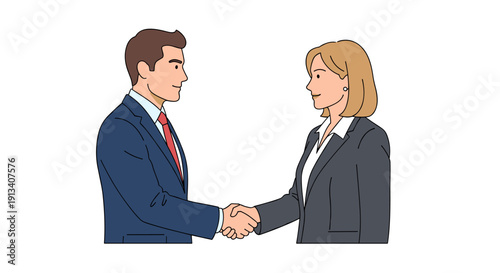 A businessman and a businesswoman in suits smilingly shake hands, viewed from a side profile perspective.