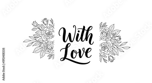 Elegant "With Love" Calligraphy Text with Decorative Floral Elements on isolated white background