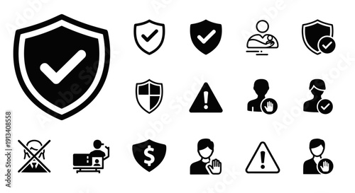Comprehensive Set of Black Security and Protection Icons, Data Privacy and Alert Symbols, isolated white background