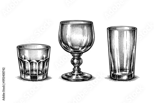 Vintage glassware engraving set, antique crystal glasses and goblet sketch in woodcut style isolated