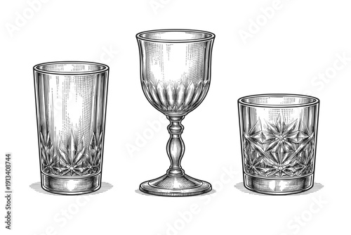 Vintage glassware engraving set, antique crystal glasses and goblet sketch in woodcut style isolated
