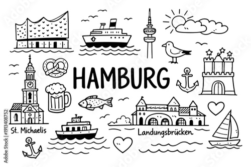 Hamburg Germany travel doodle set, hand drawn port city landmarks, Elbe river symbols and german snacks in line art style