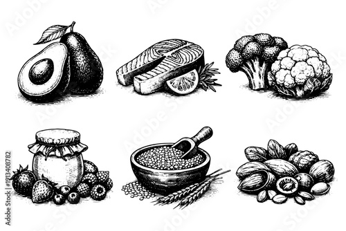 Vintage healthy food engraving set, antique organic products sketch with salmon, avocado, broccoli and nuts in woodcut style