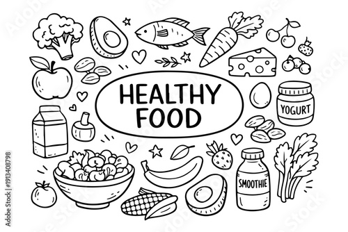 Healthy food doodle set, hand drawn organic nutrition symbols and wellness snacks in line art style