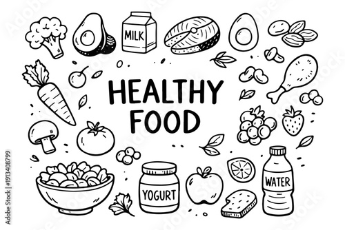 Healthy food doodle set, hand drawn organic nutrition symbols and wellness snacks in line art style