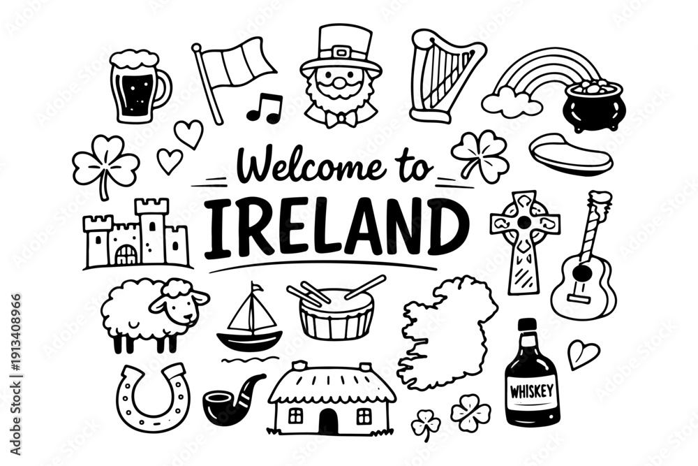 Fototapeta premium Ireland travel doodle set, hand drawn Dublin city symbols and Irish culture icons in line art style