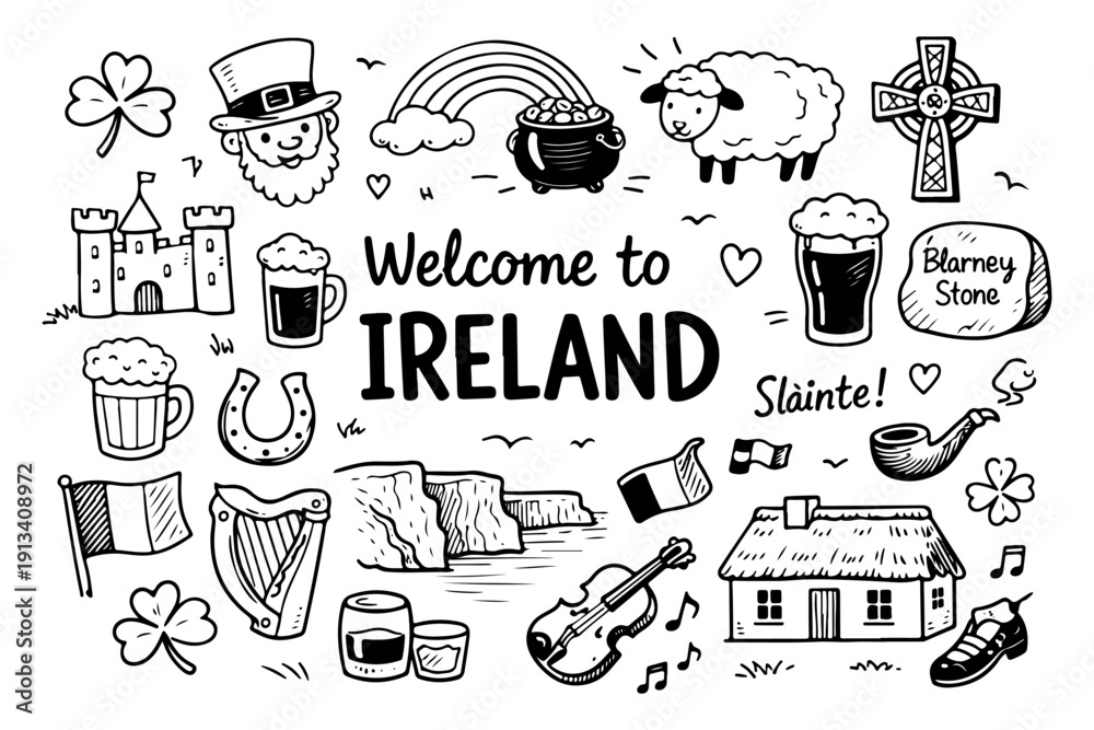 Fototapeta premium Ireland travel doodle set, hand drawn Dublin city symbols and Irish culture icons in line art style