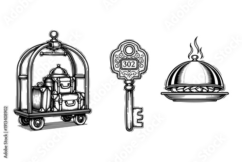 Vintage hotel service engraving set, antique hospitality symbols in woodcut style
