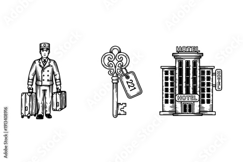 Vintage hotel service engraving set, antique hospitality symbols in woodcut style
