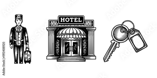 Vintage hotel service engraving set, antique hospitality symbols in woodcut style