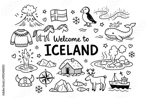 Iceland travel doodle set, hand drawn nordic landmarks, nature symbols, volcano and puffin bird in line art style