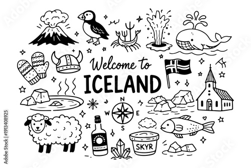 Iceland travel doodle set, hand drawn nordic landmarks, nature symbols, volcano and puffin bird in line art style
