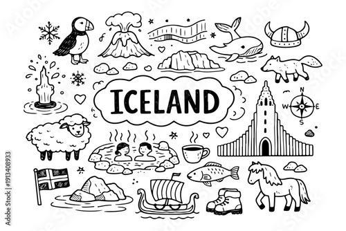 Iceland travel doodle set, hand drawn nordic landmarks, nature symbols, volcano and puffin bird in line art style