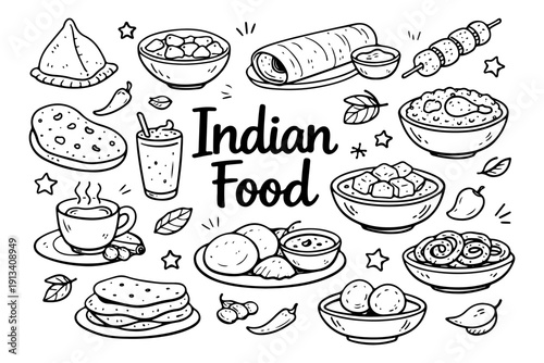 Indian food doodle set, hand drawn traditional cuisine symbols, curry, samosa and spicy dishes illustration in line art style