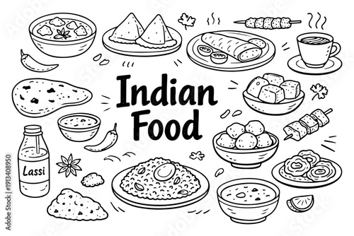 Indian food doodle set, hand drawn traditional cuisine symbols, curry, samosa and spicy dishes illustration in line art style