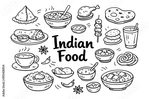 Indian food doodle set, hand drawn traditional cuisine symbols, curry, samosa and spicy dishes illustration in line art style