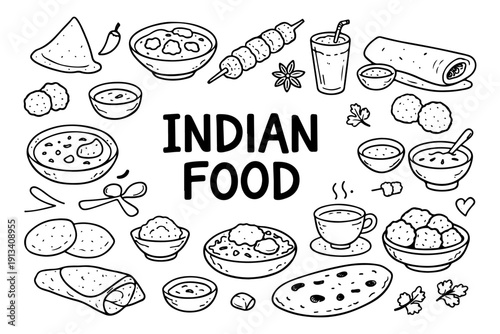 Indian food doodle set, hand drawn traditional cuisine symbols, curry, samosa and spicy dishes illustration in line art style
