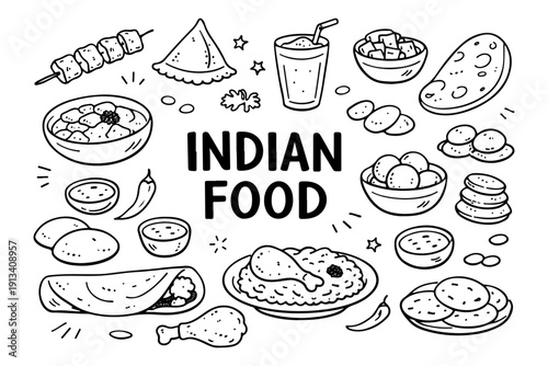 Indian food doodle set, hand drawn traditional cuisine symbols, curry, samosa and spicy dishes illustration in line art style