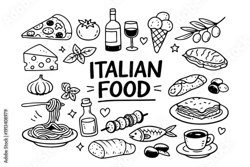 Italian food doodle set, hand drawn traditional Mediterranean cuisine, pasta, pizza and olive oil illustration in line art style