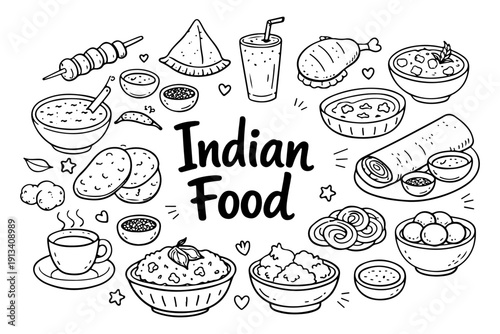 Indian food doodle set, hand drawn traditional cuisine symbols, curry, samosa and spicy dishes illustration in line art style