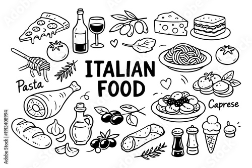 Italian food doodle set, hand drawn traditional Mediterranean cuisine, pasta, pizza and olive oil illustration in line art style