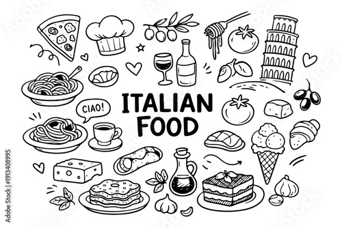 Italian food doodle set, hand drawn traditional Mediterranean cuisine, pasta, pizza and olive oil illustration in line art style