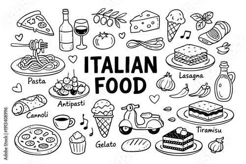 Italian food doodle set, hand drawn traditional Mediterranean cuisine, pasta, pizza and olive oil illustration in line art style