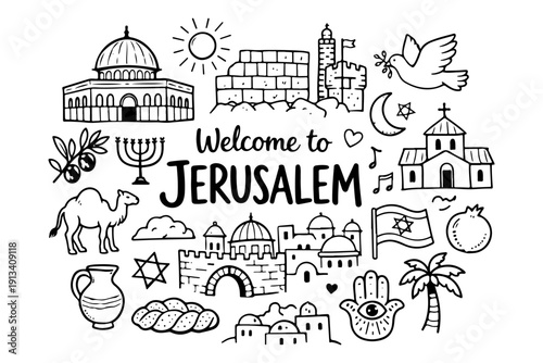 Jerusalem Israel travel doodle set, hand drawn holy city landmarks, religious symbols and middle eastern food in line art style