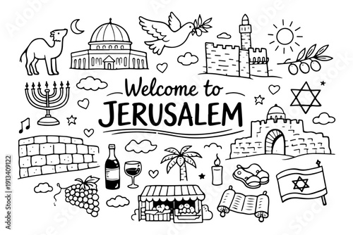 Jerusalem Israel travel doodle set, hand drawn holy city landmarks, religious symbols and middle eastern food in line art style