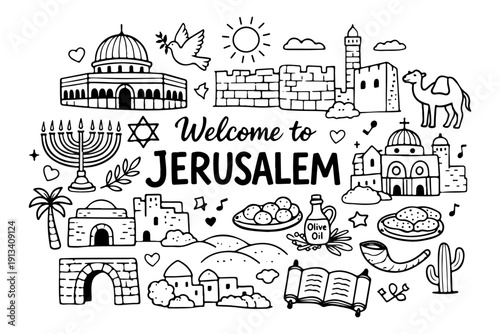Jerusalem Israel travel doodle set, hand drawn holy city landmarks, religious symbols and middle eastern food in line art style