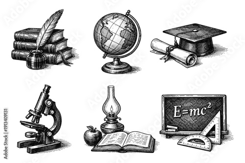 Vintage education and science engraving set, antique learning symbols in woodcut style