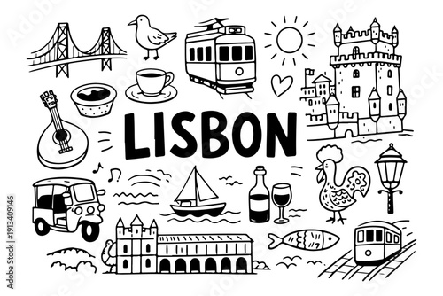 Lisbon Portugal travel doodle set, hand drawn portuguese landmarks, yellow tram, fado music and traditional food in line art style