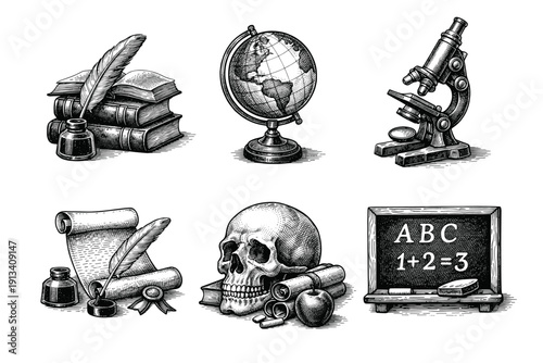 Vintage education and science engraving set, antique learning symbols in woodcut style