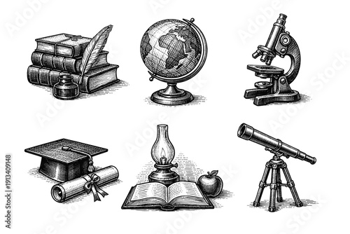 Vintage education and science engraving set, antique learning symbols in woodcut style