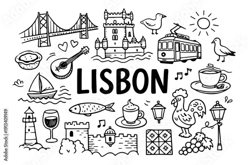 Lisbon Portugal travel doodle set, hand drawn portuguese landmarks, yellow tram, fado music and traditional food in line art style