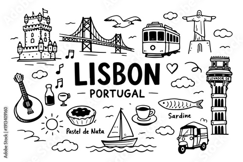 Lisbon Portugal travel doodle set, hand drawn portuguese landmarks, yellow tram, fado music and traditional food in line art style