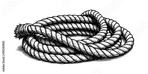 Vintage marine rope knot engraving, antique nautical cord sketch and maritime symbol illustration in woodcut style isolated