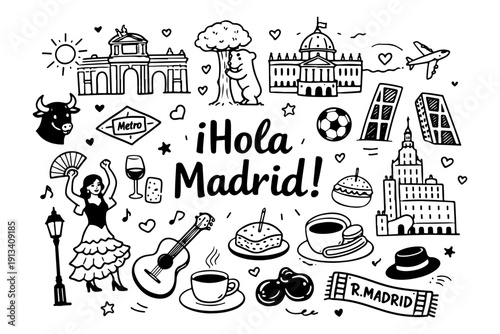 Madrid Spain travel doodle set, hand drawn spanish landmarks, cultural symbols, flamenco and traditional food in line art style
