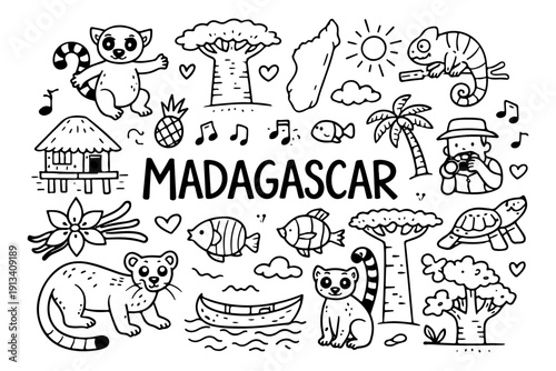 Madagascar travel doodle set, hand drawn exotic animals, lemur, baobab tree and tropical nature illustration in line art style