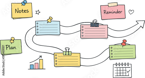 Milestone roadmap path, notebook strips as checkpoints, mini chart and calendar icons, pinned sticky notes for Knitting pattern